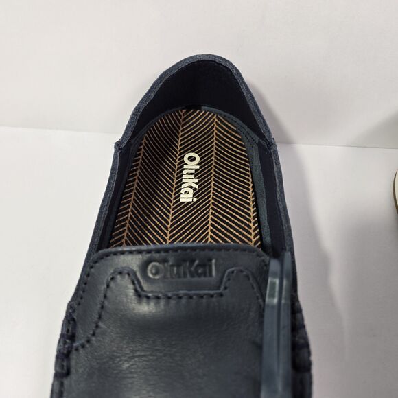 OluKai‎ Kakaha Nia Mens 9.5 Mood Indigo Blue Leather Slip On Shoes Loafers